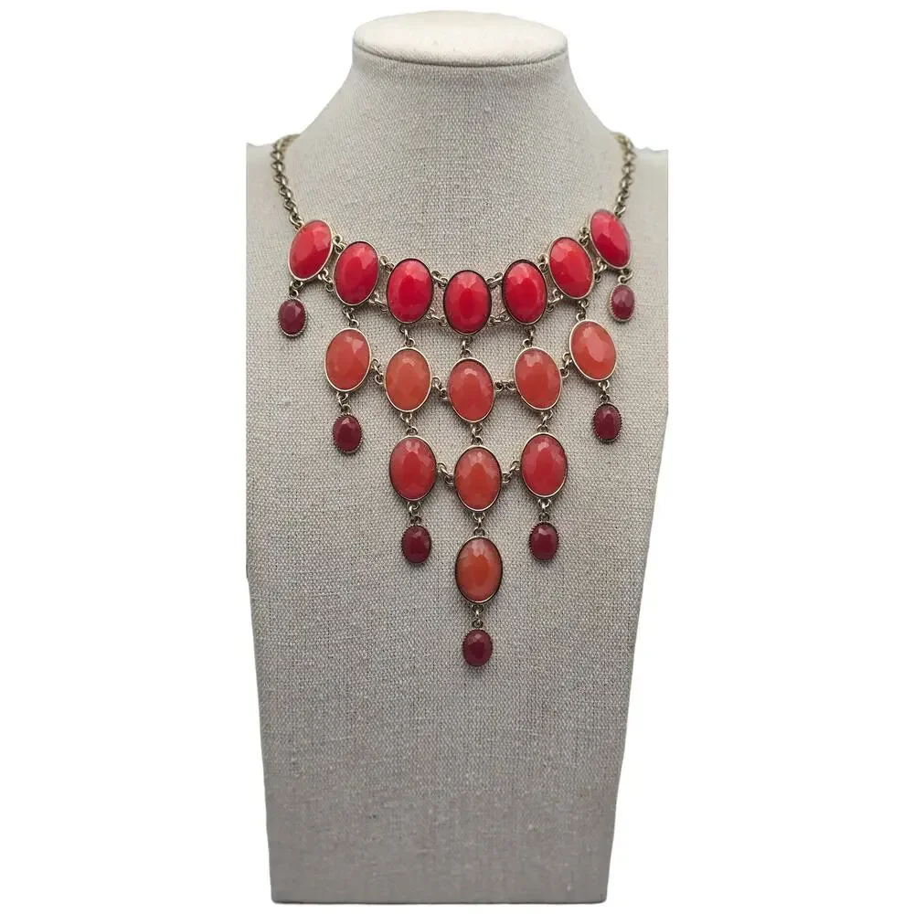 Coral Red Cabochon Necklace Gold Tone Cascading Elegant Glam